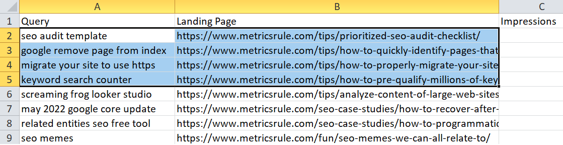 Excel queries and their landing pages